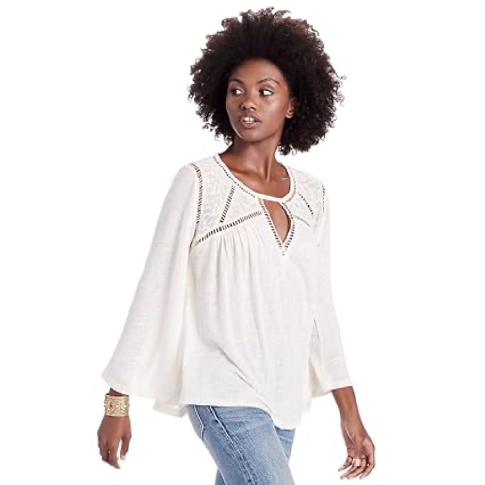 Lucky Brand‎ Women's Lace Embroidered Eggshell Peasant Blouse Boho Cottagecore